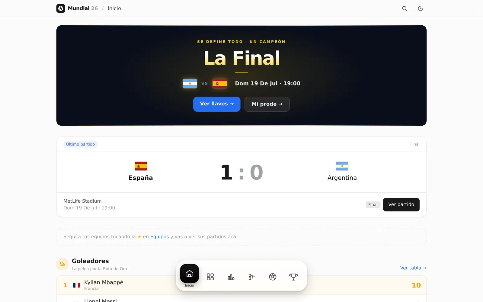 World Cup 2026 app home: the final, the last result and the top scorers table.