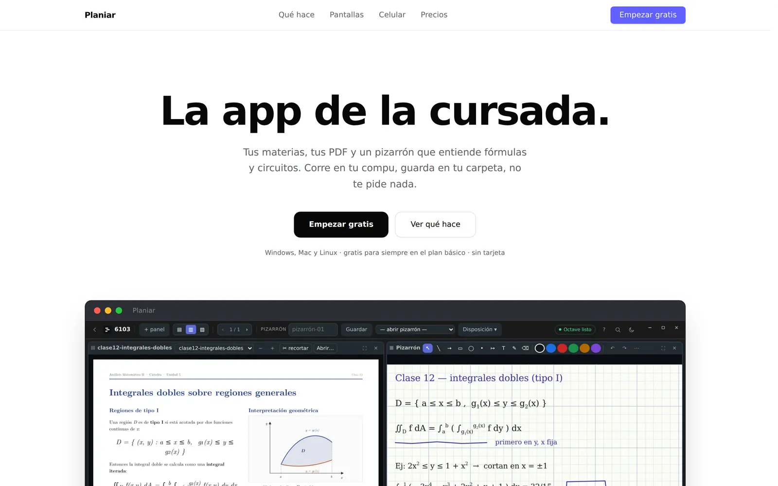 Planiar's landing page: the headline 'La app de la cursada' above a screenshot of the app with a PDF lecture and a whiteboard side by side.