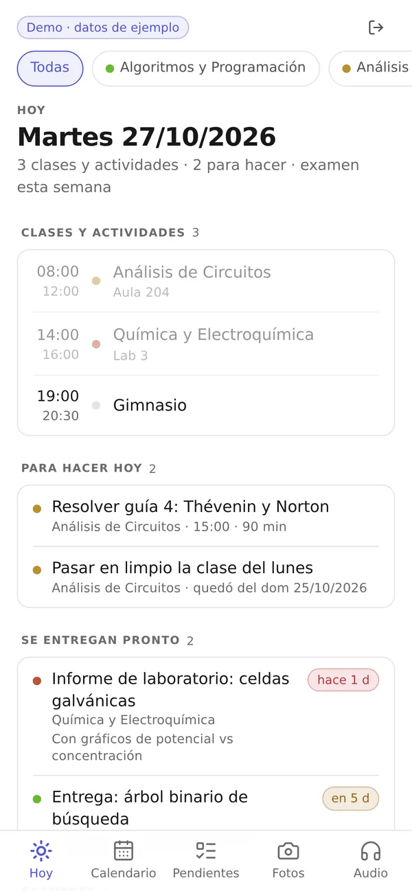 Planiar's mobile app in demo mode, showing today's classes, tasks and upcoming deadlines.