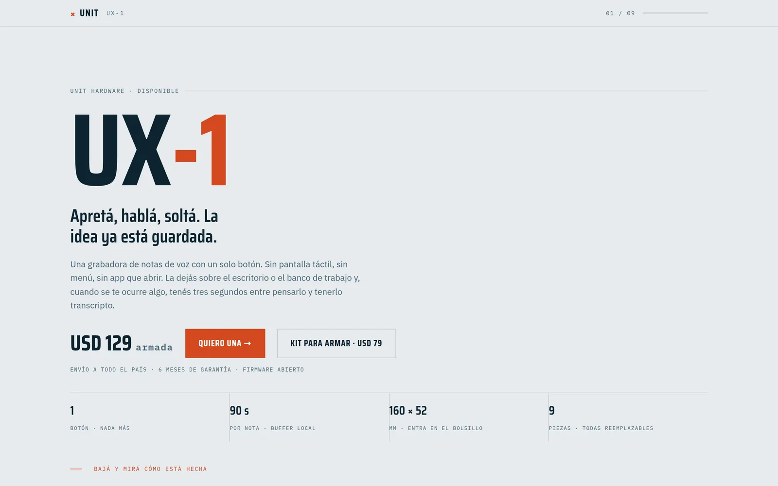 UX-1 landing page: the product name in large type, a one-line pitch and price.